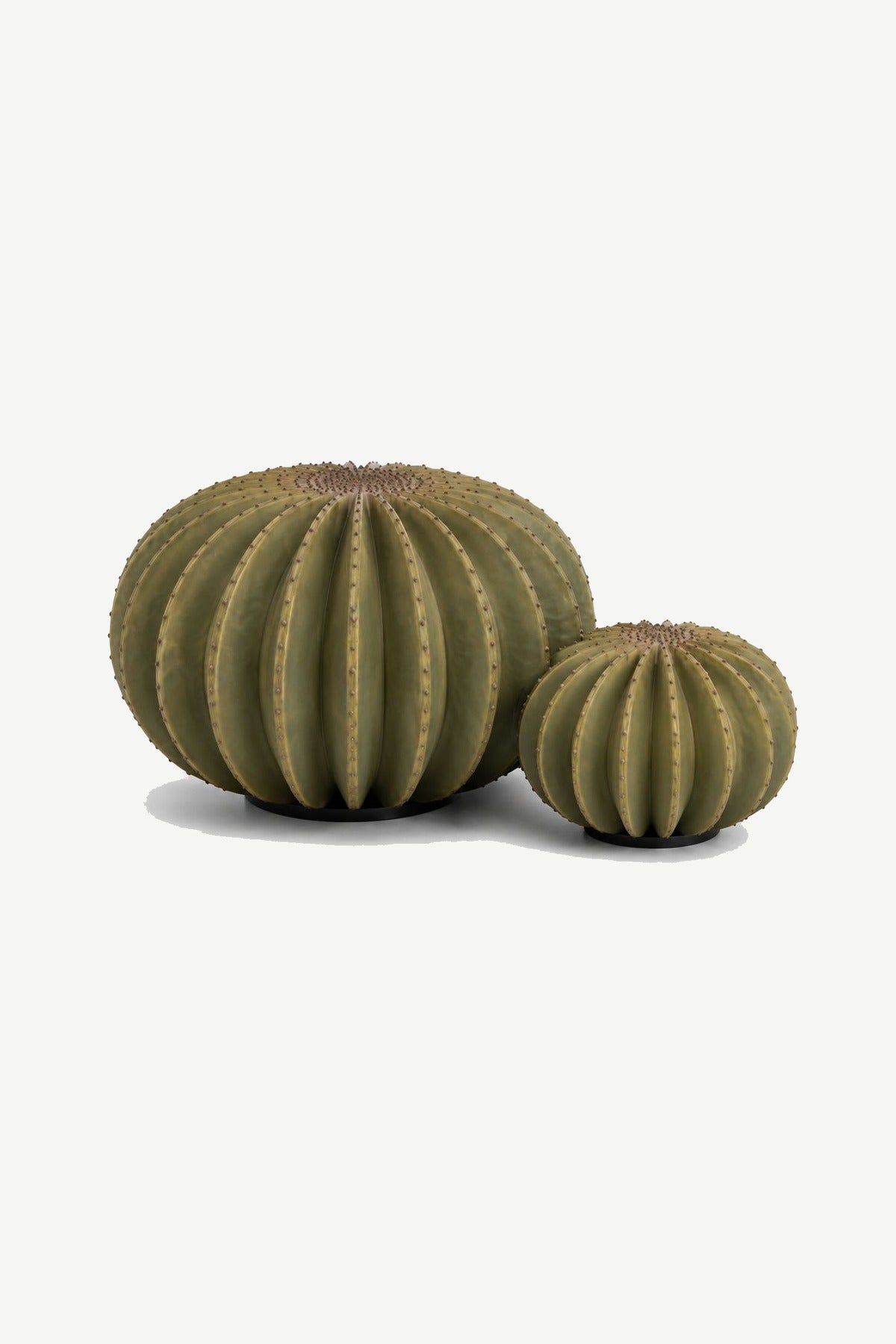 GLOBO hand-forged iron sculpture by Orenzo – ribbed spherical barrel-cactus form, natural green patina, front view